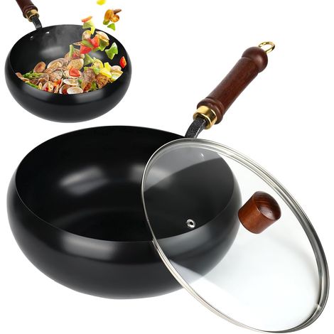 Poêle en fonte - Poêle en fer non revêtue - Poêle antiadhésive forgée à la main - Récipient de cuisson polyvalent avec couvercle pour mijoter et rôtir à haute température - Compatible avec les (1/5)