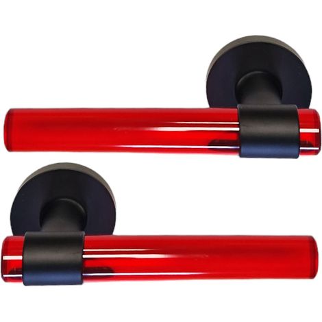 Tiradores de puerta de cristal de plexiglás ROJO «JOY» sobre patas de acero inoxidable negro.  Sin rosetas de función
