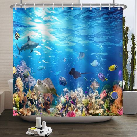 165x183cm Rideau de Douche sous Marin Multicolore récif corallien Poisson Baleine Tortue sous Marine Animaux thème Rideau de Douche pour Enfants Salle de Bain décoratif avec Crochet (1/5)