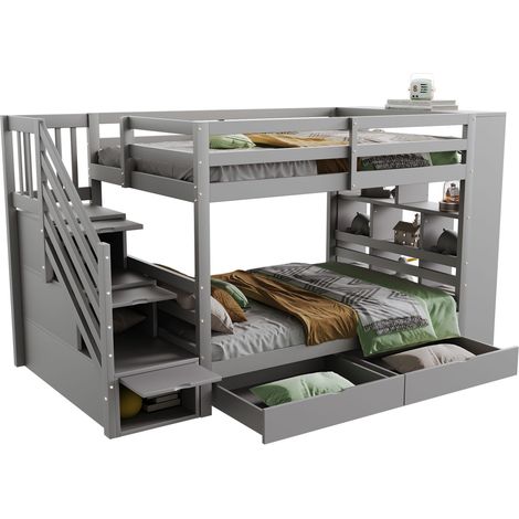 Lit superposé 90x200 cm avec escalier de rangement, tiroirs et grand coffre, barrière haute de sécurité, sommier à lattes, bois gris pour enfant – CHICFURN (1/5)