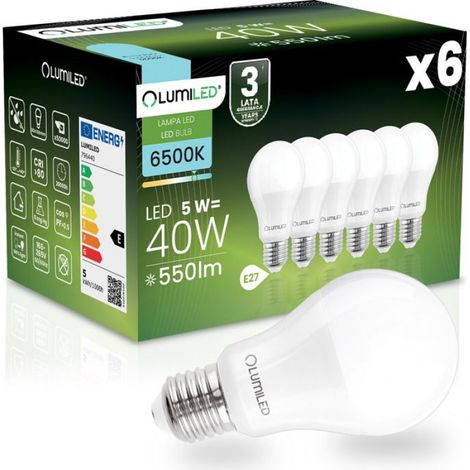 Ampoule LED E27 A60 - 5 W - 550 lm - 6500 K - Angle D'éclairage 260° - Blanc Froid - Lot De 6 (1/5)