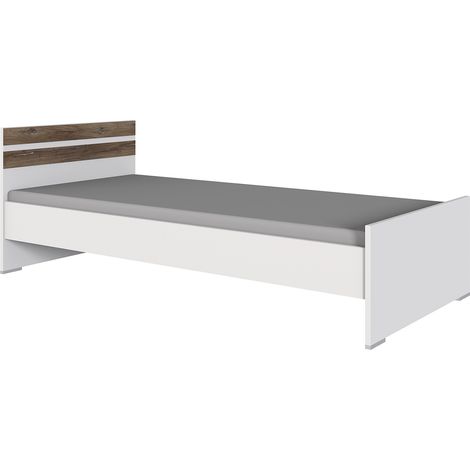 Lit pour enfant coloris Blanc, rechampis imitation chêne Flagstaff - Longueur 204 x Hauteur 71 x largeur 96 cm -PEGANE- (1/2)