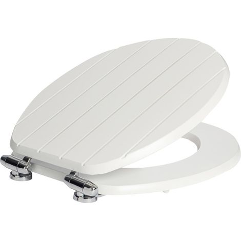 Abattant WC ovale à fermeture douce en bois antibactérien, fixations chromées, blanc (1/5)