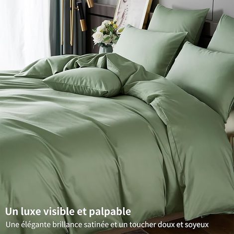 Cotton Satin Duvet Cover 220 x 240 cm, Green, 100% Cotton Satin, Soft Silky Breathable Silk Bed Linen Double Bed Linen with Zip and Pillowcases 65 x 65 cm (1/4)