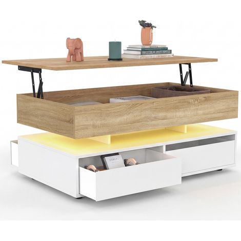 Table basse plateau relevable rectangulaire ELSA 90 cm 4 tiroirs avec LED en bois blanc et plateau façon hêtre (1/5)
