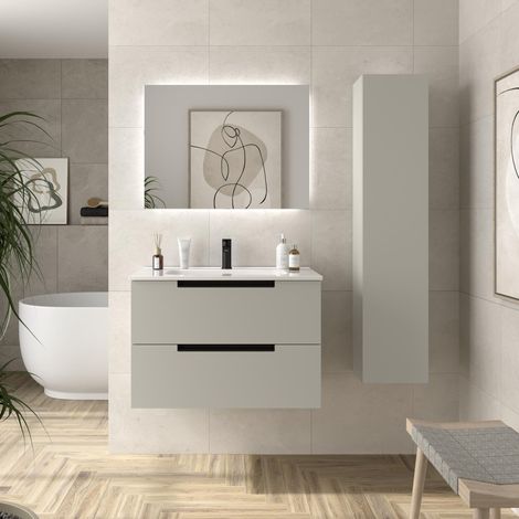 Mueble de Baño LENI 80cm Gris mate 2 cajones Lavabo 1 poza Porcelana (1/5)