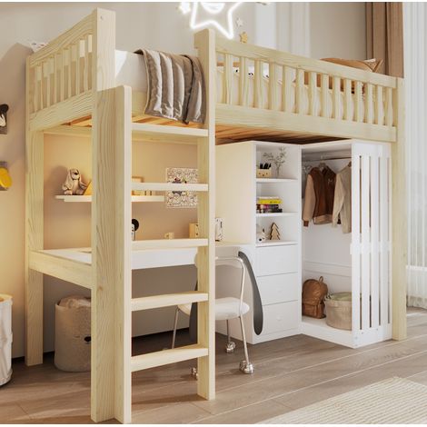 Lit mezzanine 90x200 cm avec bureau, armoire, 3 tiroirs, rangement ouvert, naturel (1/5)
