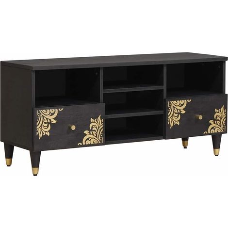 Mobile porta TV moderno dalle linee pulite 100 x 33 x 46 cm pratico contenitore in legno massello di mango nero 020057895