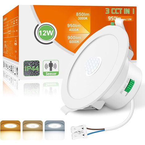 Spot LED Encastrable avec Détecteur de Mouvement, Spot Etanche Salle de Bain 12W 950LM IP44 3CCT Blanc Chaud 3000K Blanc Neutre 4000K Blanc Froid 6500K, Trou 90-100MM, AC220-240V, 1 Pack (1/5)