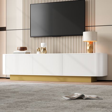 Meuble TV bas 170x40,5x47 cm, avec rangement, bords arrondis, passe-câbles et façade texturée, MDF et aggloméré, Blanc (1/5)