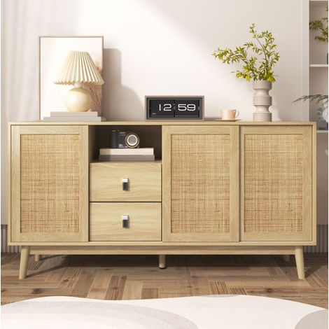 Buffet 155x38x80 cm coloris bois en MDF et panneaux de particules avec portes coulissantes en rotin et 2 tiroirs (1/5)