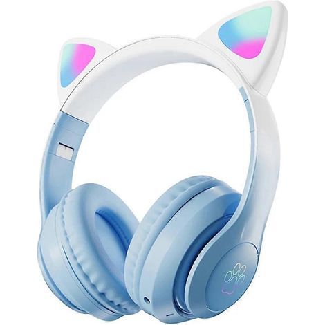 Casque sans fil à dégradé de couleurs avec motif chat mignon et lumière LED bleue (voir photo)