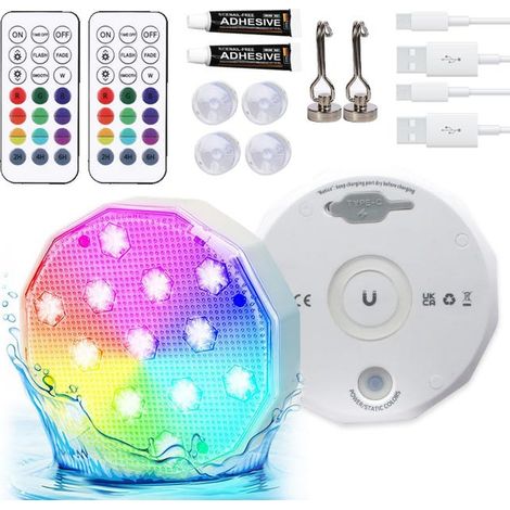 Lumières de piscine avec télécommande, lumières LED submersibles rechargeables, 16 couleurs changeantes, étanches IP68, 2 pièces (1/5)