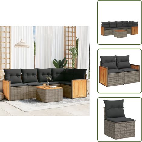 The Living Store 6-tlg. Garten-Sofagarnitur mit Kissen Grau Poly Rattan - Gartenmöbel Set - Rattan Möbel - Outdoor Lounge - Esstisch - Sofasatz