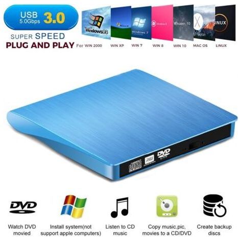 BUNTHAUS Lecteur CD/DVD Externe Usb 3 0 , Bleu (1/5)