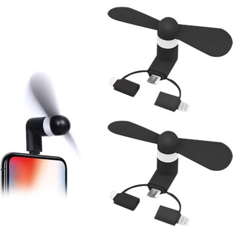 Mini-USB-Lüfter für Mobiltelefone – 3-in-1-kompatibel mit iPhone/iPad/Android – 2er-Pack, Schwarz