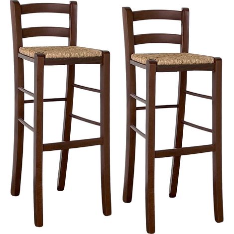 Haut tabouret de bar 2 en noyer foncé h 80 cm avec assise en paille (1/5)