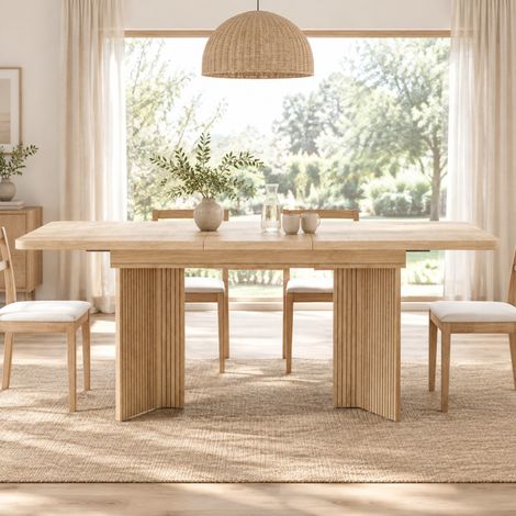 Mesa de comedor extensible 120-160 cm rectangular con patas en V acanaladas, acabado madera clara u oscura, para comedor y visitas familiares – CHICFURN (1/5)