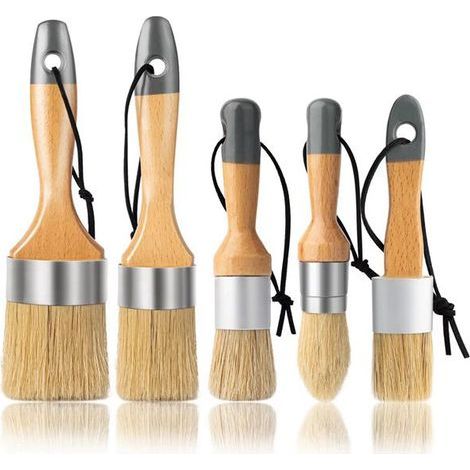 Lot de 5 pinceaux à Peinture à la Craie et à la Cire - pour projets de Peinture et de Cire - Poils de Sanglier naturels Poignées ergonomiques Peinture au Lait Pinceaux à Pochoir pour Meubles en Bois (1/5)
