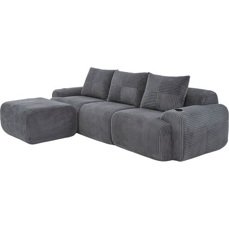 CAIziCanapé modulable en velours côtelé pour 3 personnes (avec poufs), librement combinable, avec porte-gobelet et poche de rangement latérale, idéal pour le salon, la salle familiale et d'autres pièc