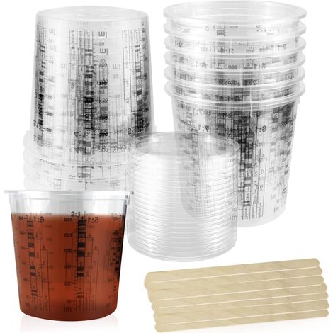 Graduated Paint Cup Measuring Cup Disposable 20 PCS 385 Ml with Scale Clear Measuring Plastic for Epoxy Resin Liquid Paints Laboratory Kitchen (with Lid) (1/5)
