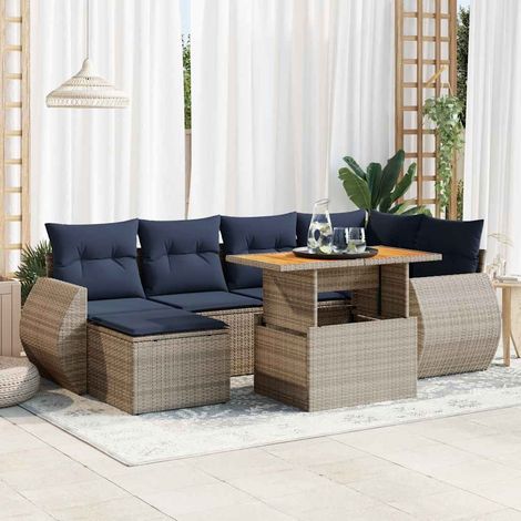 Set de sofás de jardín 7 pzas con cojines ratán sintético gris vidaXL (1/5)
