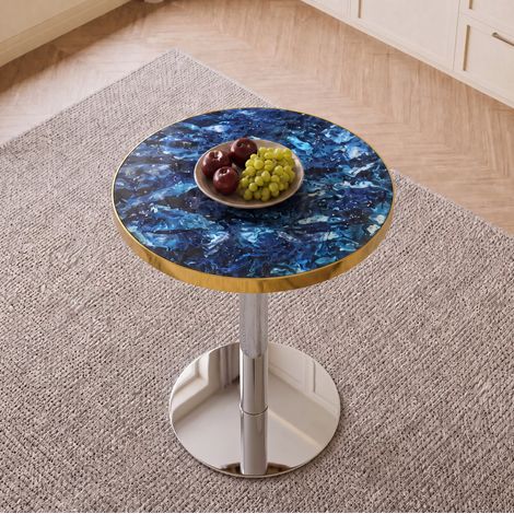 Tavolino rotondo 60 cm, piano effetto marmo blu, bordo dorato, struttura in metallo DESVIAE (1/5)