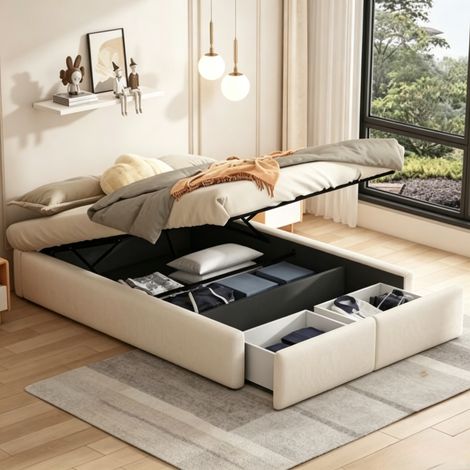 Lit capitonné 140x200 cm avec 2 tiroirs, Lit coffre double avec rangement hydraulique,lit plateforme tapissé sans tête de lit,sommier à lattes,convient aux adultes et aux adolescents,Beige lin (1/5)