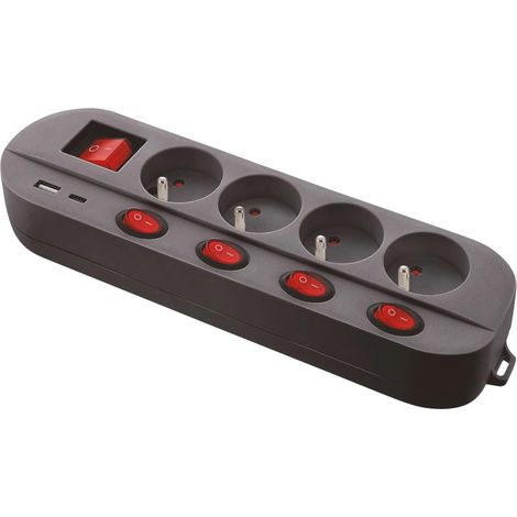 Bloc multiprise - Noir - 4 Prises 16A+T - 5 interrupteurs - Chargeur USB C et A - Multiple Charge Rapide - Câble 1,5 mètres (1/2)