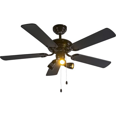 Ceiling Fan Black 110cm 3-Lights with Pull Cord - Mistral