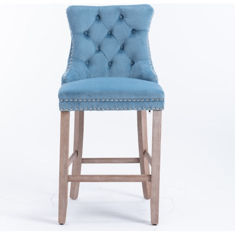 Tabourets de bar modernes en velours — Caractéristiques : Capitonnage à boutons, pieds en bois massif et finitions cloutées chromées  Tabourets de bar au style décontracté, Lot de 2 (Bleu clair)