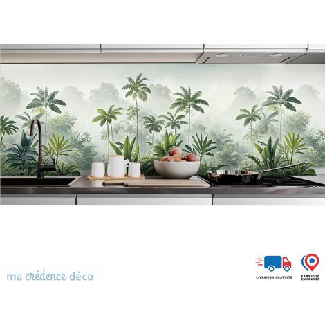 Crédence : Fresque tropicale et palmiers 2 - Couleur Vert mai - Alu composite - 60 - 120 (1/3)