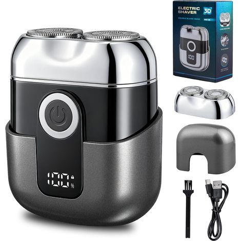 Mini-Elektrorasierer für Herren – IPX6 wasserdichter Reiserasierer mit LED-Bildschirm, schnelles USB-C, Doppelkopf, leise und tragbar – Grau (1/5)
