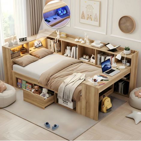 Cama infantil de MDF natural 90x200 / 140x200 cm con somier de láminas, LED, USB-C y escritorio (1/5)