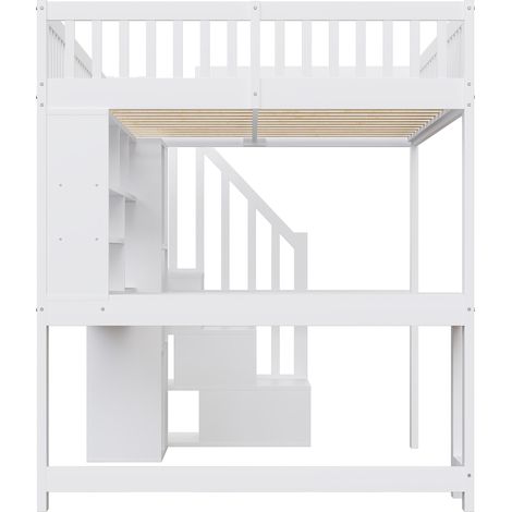 Cama alta 140x200 cm con LED, escalera con almacenaje, estantes y escritorio, blanca (1/5)