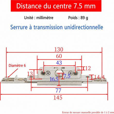 Boîtier de transmission pour fenêtre battante entraxe 7,5 mm unidirectionnel 7.5 mm 20 × 8 × 5 cm 91 g – Livraison gratuite