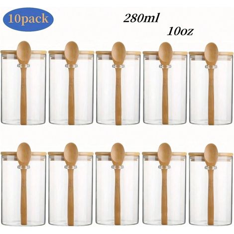 (10 oz - 10 pièces) Pots à sucre en verre avec couvercles et cuillères en bambou (1/5)
