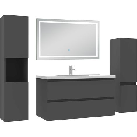 Aica Ensemble meuble Salle de Bain 100cm avec Colonne et Miroir Lumineux Tricolore, Anthracite (1/5)