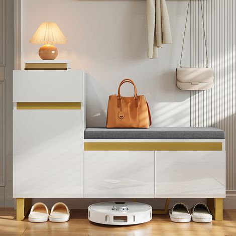 Scarpiera in MDF bianco lucido con panca imbottita, 1 cassetto, ante e vano aperto 120 x 35 x 85 cm