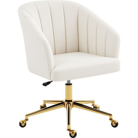 Fauteuil de bureau à revêtement velours, rembourrage en mousse, réglable en hauteur, sur roulettes, base en acier, couleur blanc crème