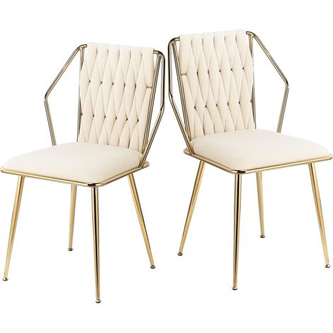 2 Set Samt Esszimmerstuhl Set, Skandinavischer Esszimmerstuhl mit geflochtener Rückenlehne und goldenen Metallbeinen, Skandinavische Stühle, Beige (1/5)