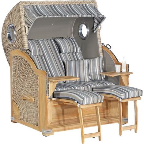 SunnySmart Garten-Strandkorb Rustikal 500 PLUS TEAK COMFORT 3/4-Liegemodell 2-Sitzer XL antikweiß/gr
