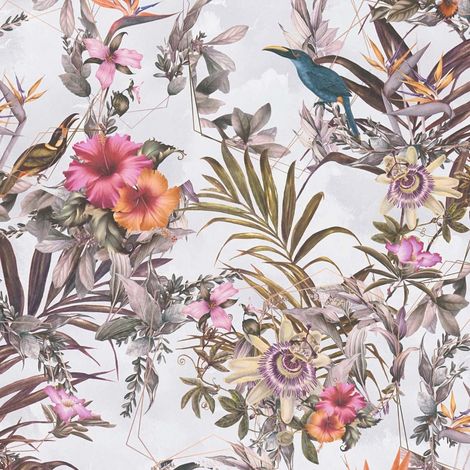 Papier peint floral rose et orange sur fond gris clair Tapisserie feuillage à motifs de fleurs Papier peint fleuri style tropical idéal couloir (1/4)