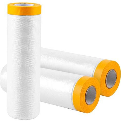 Lot de 3 rouleaux de film de masquage avec ruban adhésif, 270 cm x 20 m, film de protection transparent en polyéthylène avec papier jaune, pour protéger la poussière, peindre les murs de