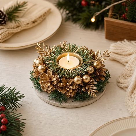 Bougeoir de Noël en fer, couronne de sapin décorative avec baies rouges, 12 x 12 x 5 cm, bougie chauffe-plat, style vintage (1/5)