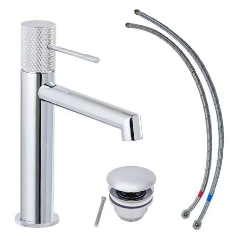 Robinet de lavabo chromé compatible lavabo suspendu de salle de bains, dimensions : hauteur 19,7 cm, longueur 4,5 cm, saillie 14 cm, profondeur 16,8 cm, débit maximal 5 l/min (1/5)