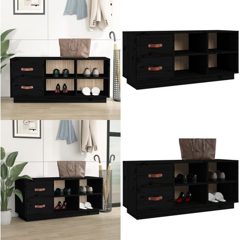 Banco zapatero madera maciza de pino negro 100x34x45 cm - Banco de madera - Madera de pino