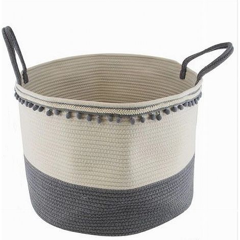 Trade Shop - GRAUER WÄSCHEKORB AUS POM-PON-SEIL MIT GRIFFEN 50X35CM 10673 -