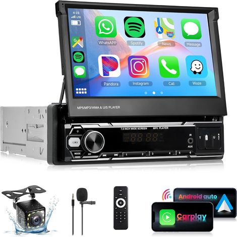Autoradio 1 Din sans Fil 7 Pouces HD écran Tactile Rabattable avec Bluetooth GPS Navi Mirror Link Radio FM/AM/RDS TF/USB/AUX Commande au Volant Caméra de Recul (1/5)