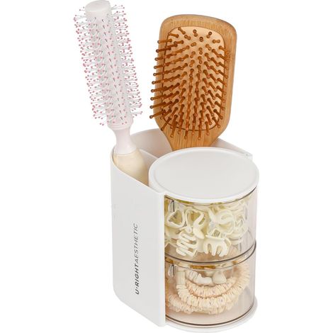 Organisateur de salle de bain rotatif blanc, rangement pour cotons-tiges, cotons, accessoires cheveux et pinceaux de maquillage, boîte pratique pour coiffeuse (1/5)